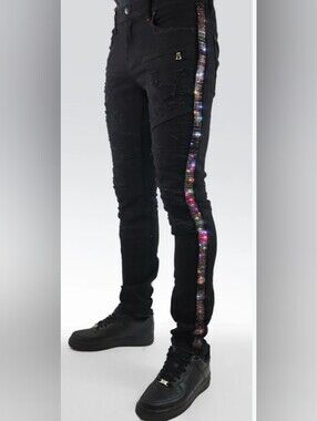 Preme  Black Unisex Distressed Jeans with Multicolor Sequin Side Stripe 34x33